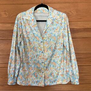 Vintage 70s handmade daggar collar floral button front long sleeve top